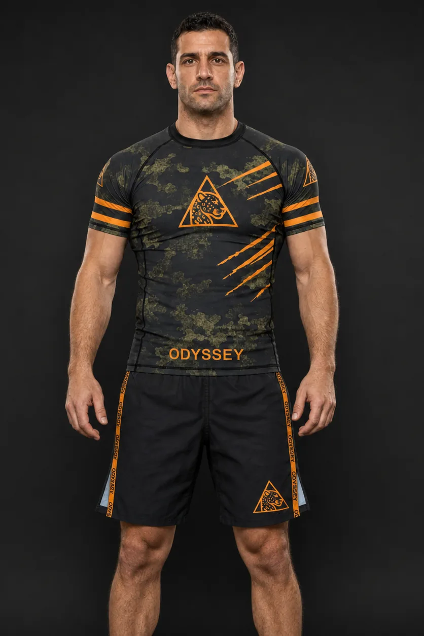 Atleta con rashguard Odyssey camuflaje verde y jaguar naranja junto al short negro con cinta lateral ODYSSEY, equipo no-gi de Odyssey Jiu-Jitsu Esplugues, vista frontal
