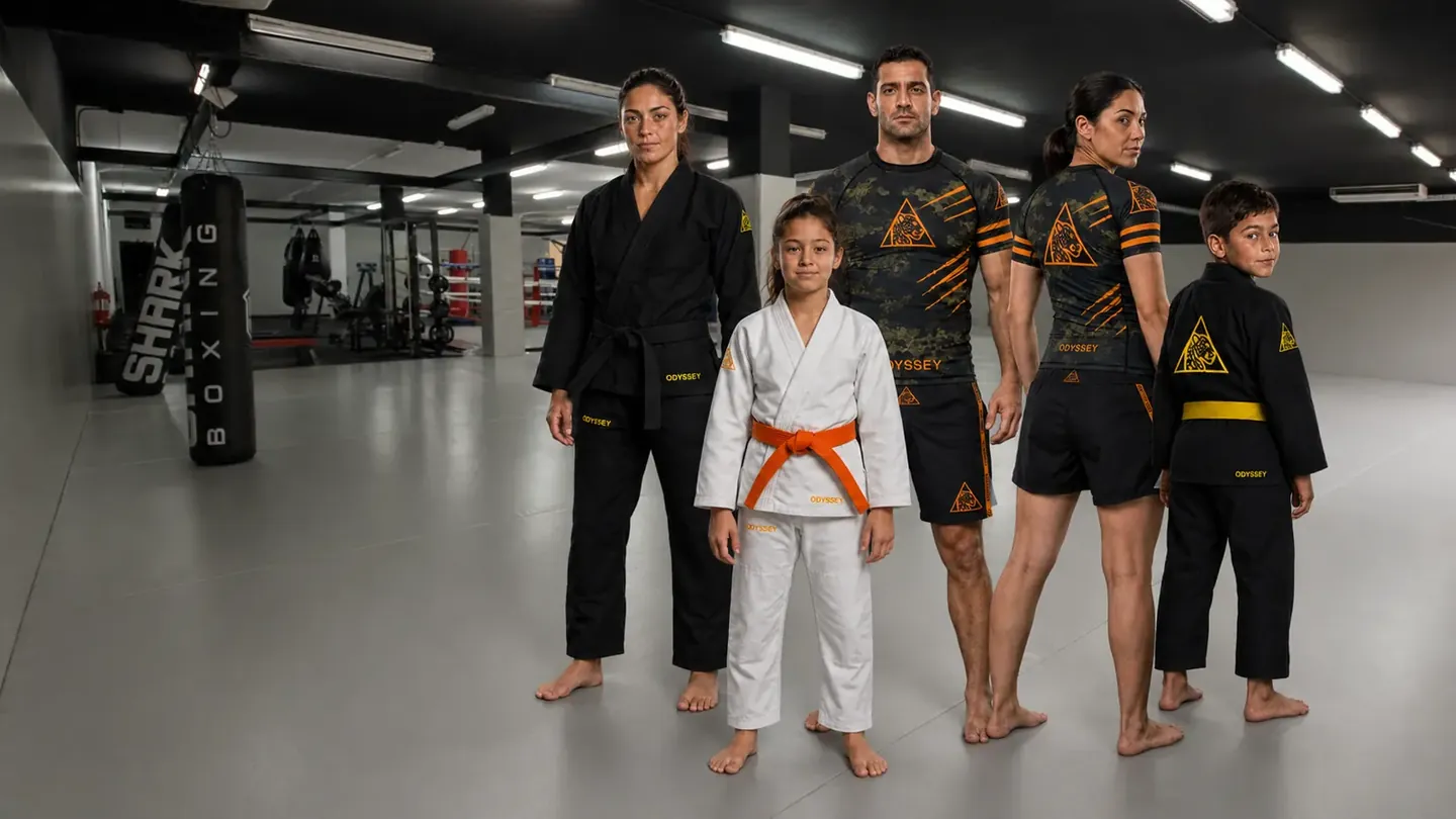 Equipo Odyssey Esplugues en la sala: mujer y niño con kimono negro, niña con kimono blanco y cinturón naranja, hombre y mujer con rashguard camuflaje y short negro de la marca