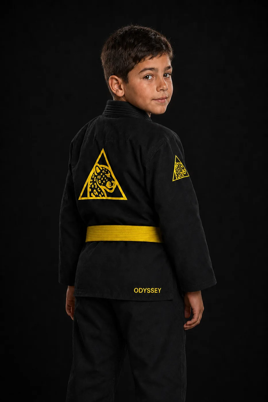 Kimono de BJJ negro Odyssey para niños, espalda con el jaguar bordado