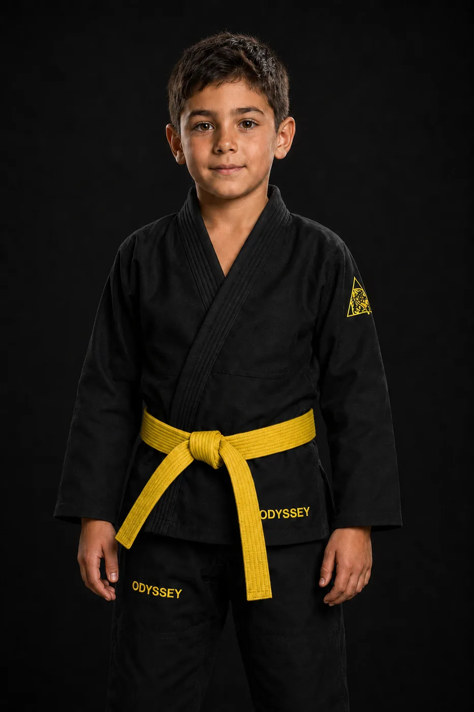 Kimono de BJJ negro Odyssey para niños, vista frontal