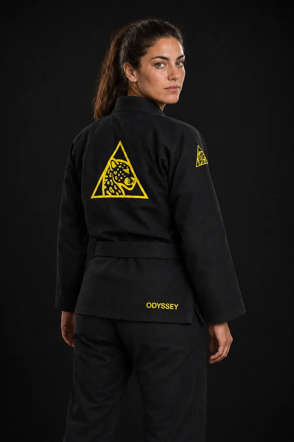 Kimono de BJJ negro Odyssey para adulto, espalda con el jaguar bordado