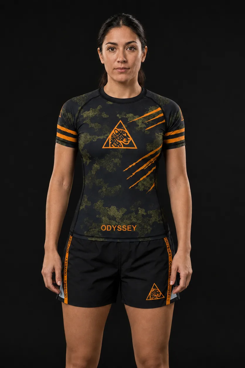 Short de grappling Odyssey negro con cinta naranja, vista frontal