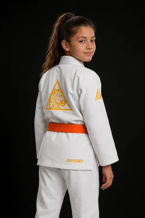 Kimono de BJJ blanco Odyssey para niños, espalda con el jaguar bordado