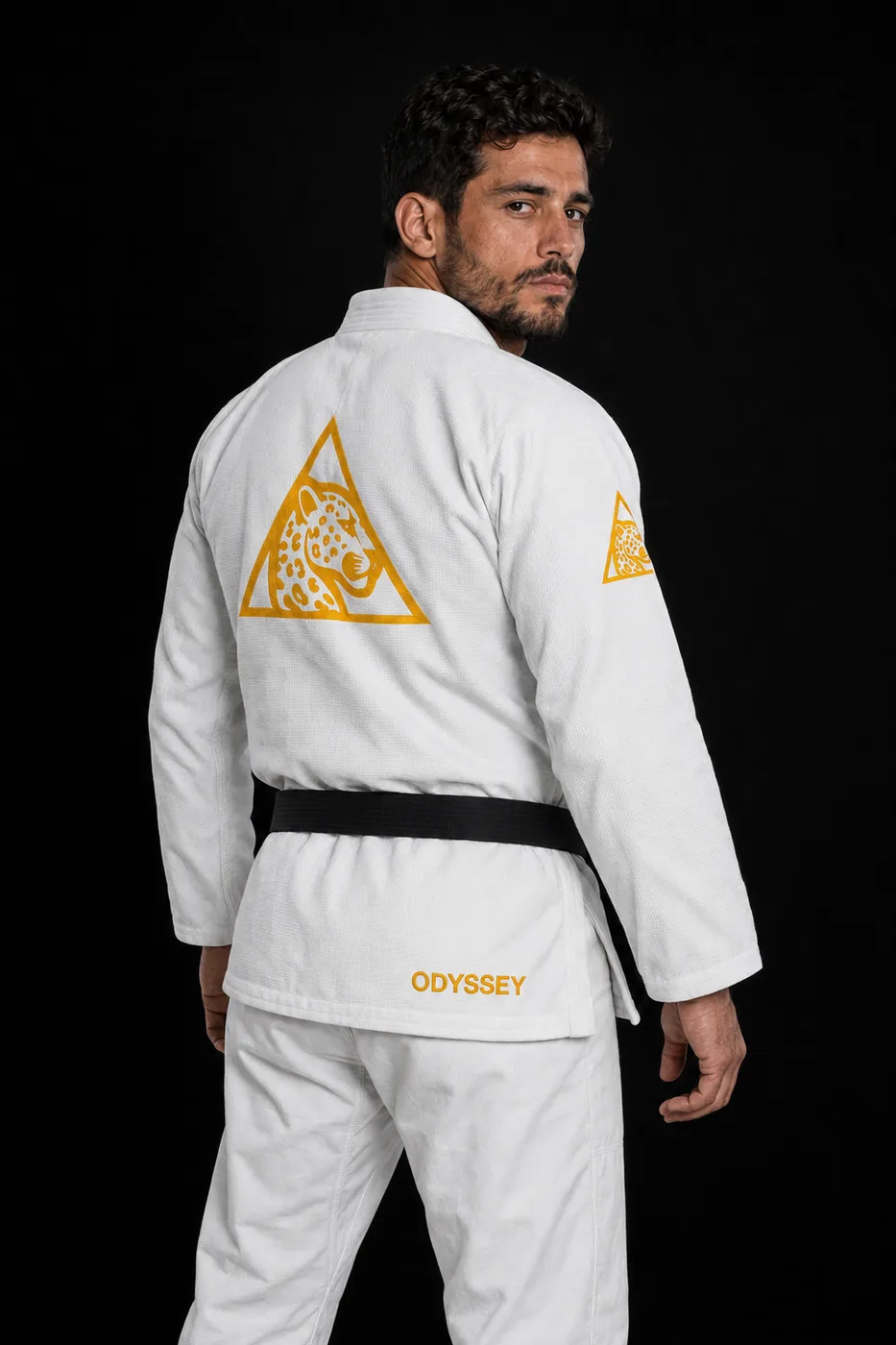 Kimono de BJJ blanco Odyssey para adulto, espalda con el jaguar bordado