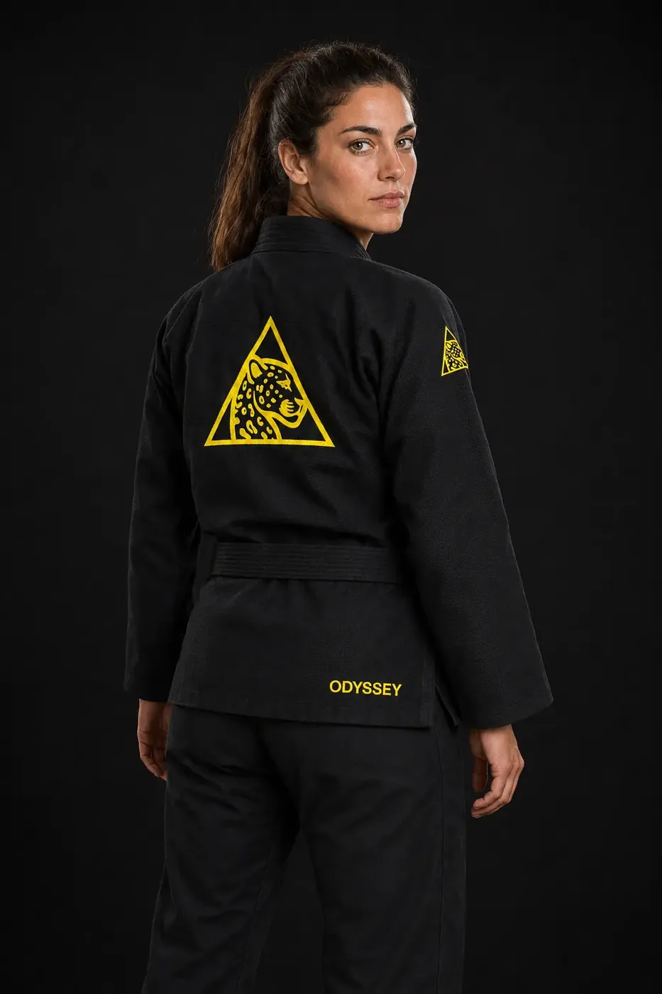 Kimono de BJJ negro Odyssey para adulto, espalda con el jaguar bordado