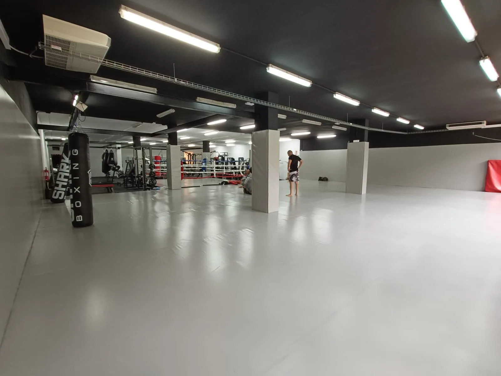 Sala de entrenamiento de Odyssey Esplugues con tatami, ring y sacos